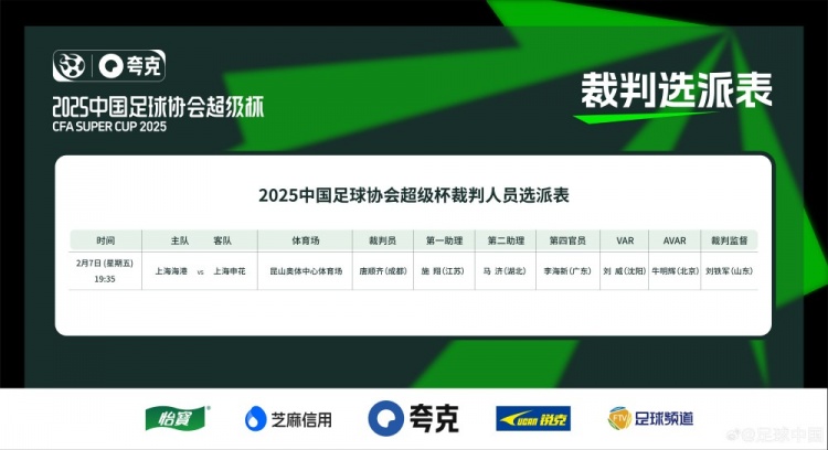  超級杯海港vs申花裁判員名單：主裁判唐順齊，VAR劉威