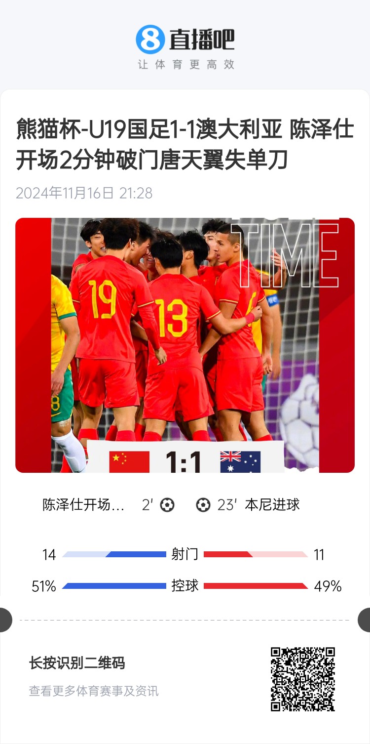  二番戰(zhàn)！U20國青與澳大利亞去年熊貓杯剛有過交手，雙方1-1戰(zhàn)平