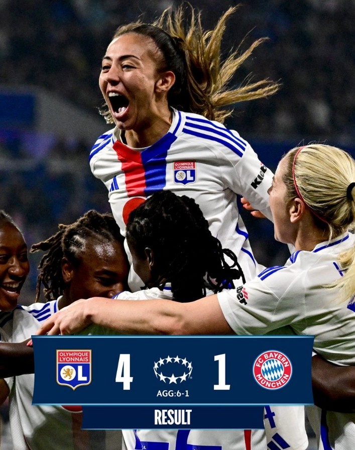  里昂女足4-1大勝拜仁女足，總比分6-1晉級(jí)女足歐冠半決賽